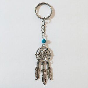 Silver Dreamcatcher Keychain with Feather Charms and Turquoise Blue Accent Bead